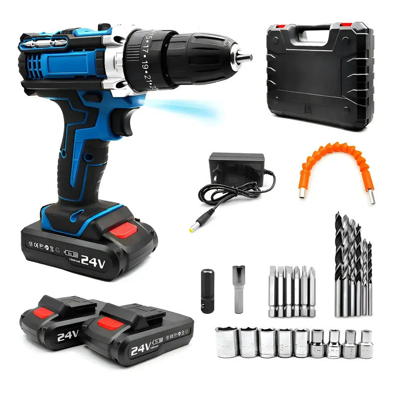 Taladro Percutor Atornillador Inalámbrico 2 Baterías Y Malet Azul 50/60hz
