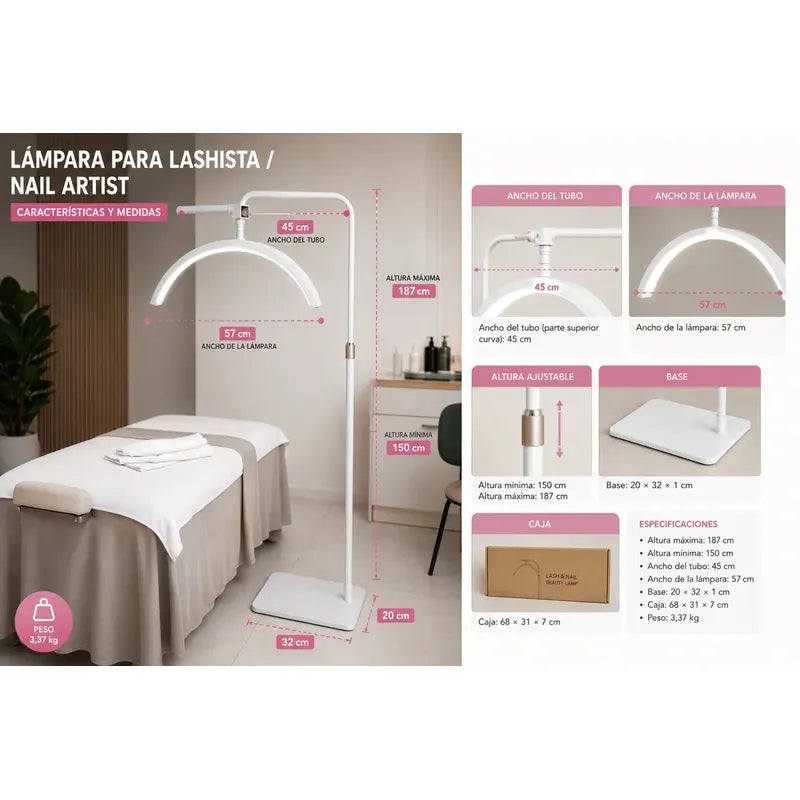 Lámpara Led Lashista Media Luna Profesional Para Manicure Estética Pestañas Cejas Spa Tatuaje Luz Led Blanca Soporte Ajustable De Piso Salón Belleza Cosmetología Alta Iluminación