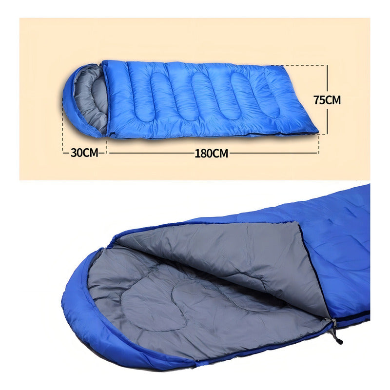 Saco De Dormir Camping Gorro Playa Cabaña Algodón 950g Color Azul Derecho