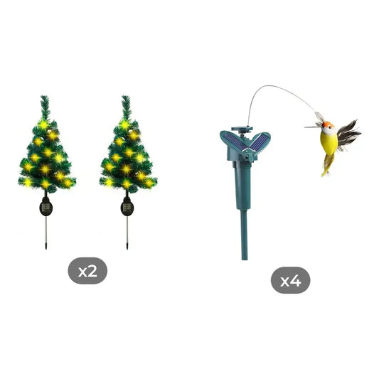 Kit Jardín Solar: 2 Estacas Árbol Navidad Luz Cálida Amarilla + 4 Estacas Picaflor Amarillas