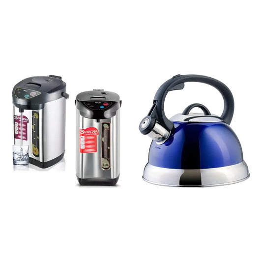 Kit Inoxidable: Hervidor Termo Eléctrico 6.8l Plateado + Tetera Silbadora 2.5l Mango Azul