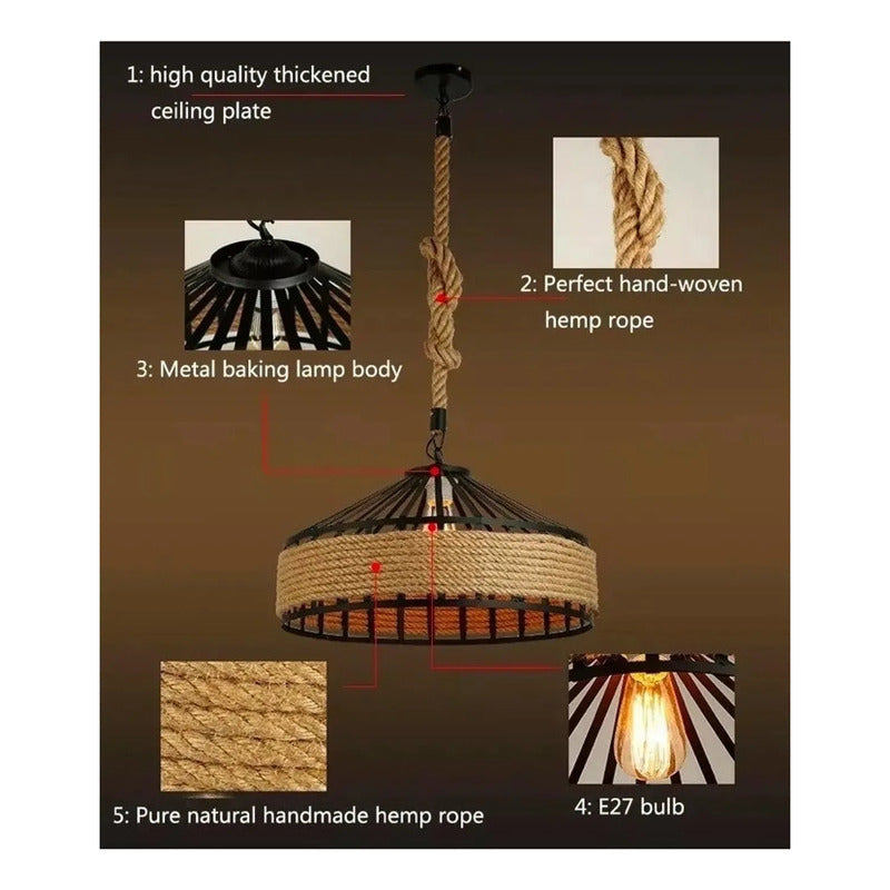 Lampara Redonda 30cm Con Cuerda Cáñamo Metal Rustica Negro