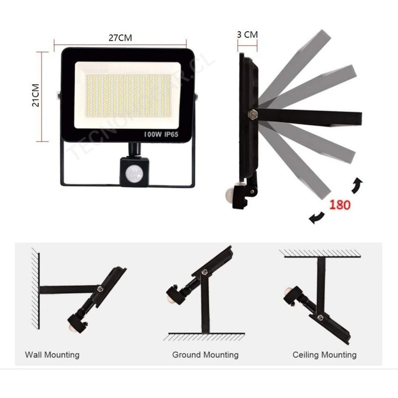 Foco Led Con Sensor De Movimiento 100w Resistente Al Agua Negro Blanco Frío