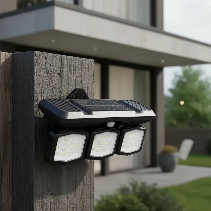 Foco Led Solar Con  Sensor De Movimiento 3 Cabezas Giratoria Negro Blanco Frío