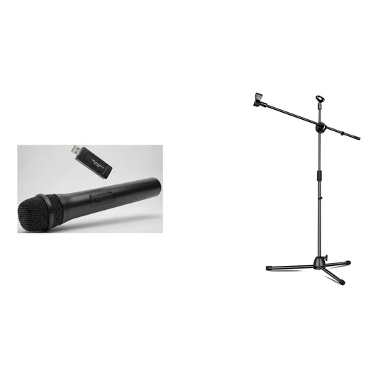 Kit Pro Audio: Micrófono Inalámbrico 10 Mts Alcance Mk-v10 + Soporte Atril Boom Profesional Negro