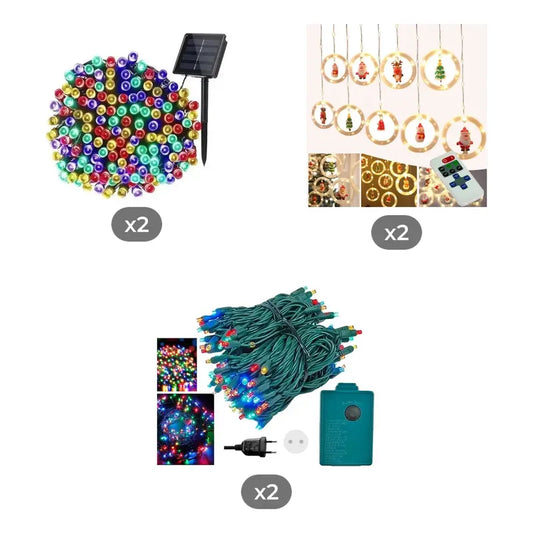 Kit Iluminación: 2 Guirnaldas 100 Led Multicolor 10m + 2 Solares 100 Led + 2 Aros Led Usb Cálidos