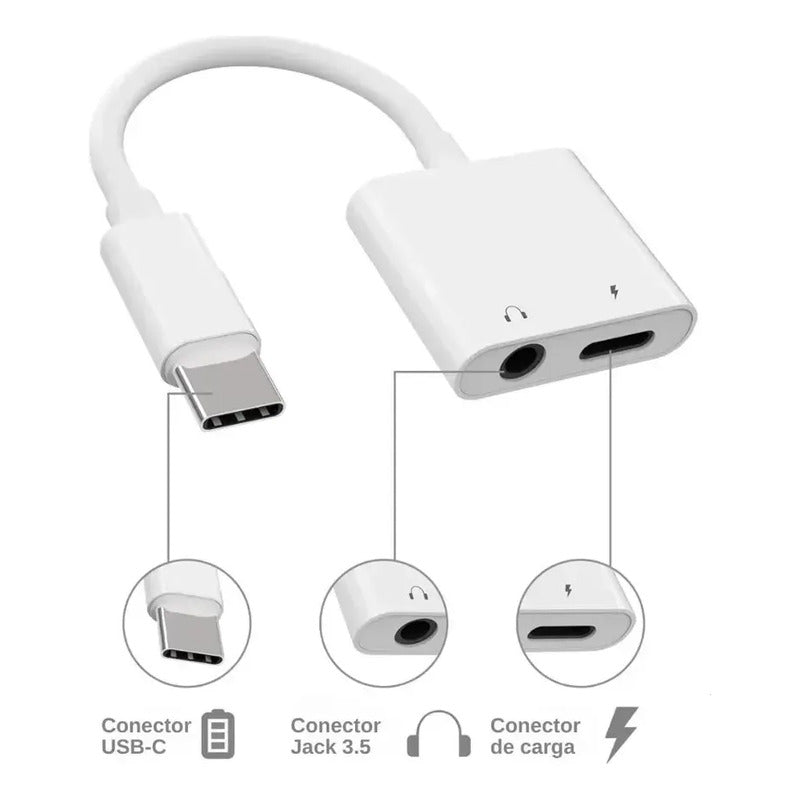 Adaptador Split  A Audio Jack 3.5 Audífonos Y Carga Tipo-c Gris