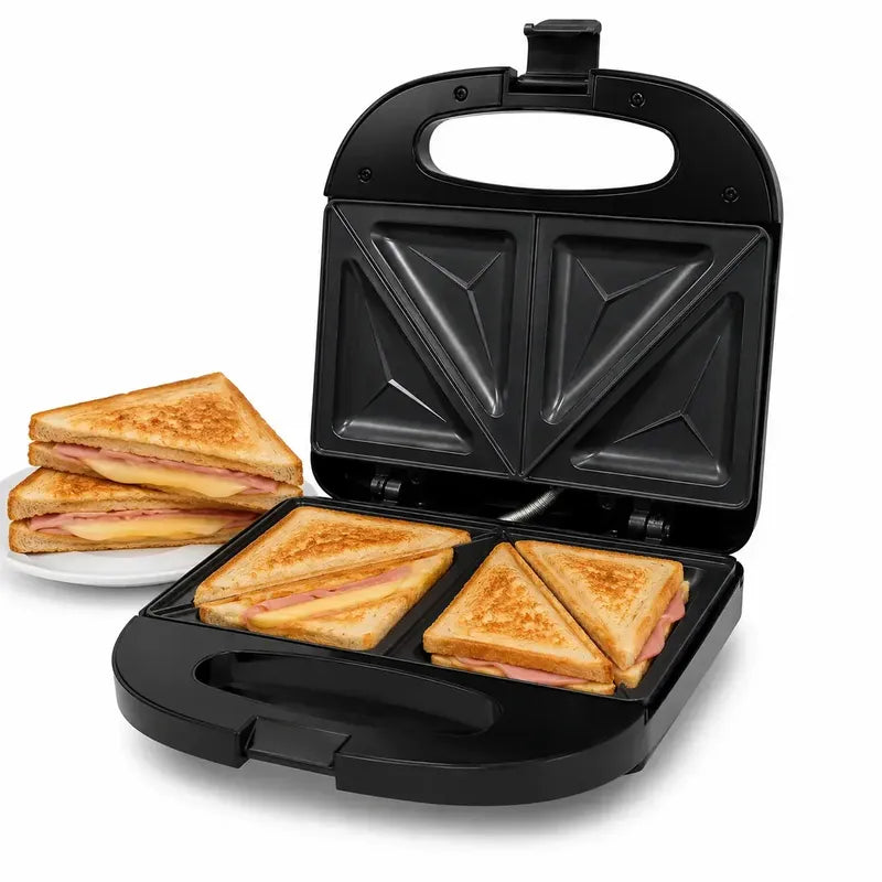 Sandwichera Eléctrica 1200w 2 Sándwiches Antiadherente Grill Tostador Compacto Fácil Limpieza Placas Selladas Cocina Rápida Desayunos Snacks Hogar Negro