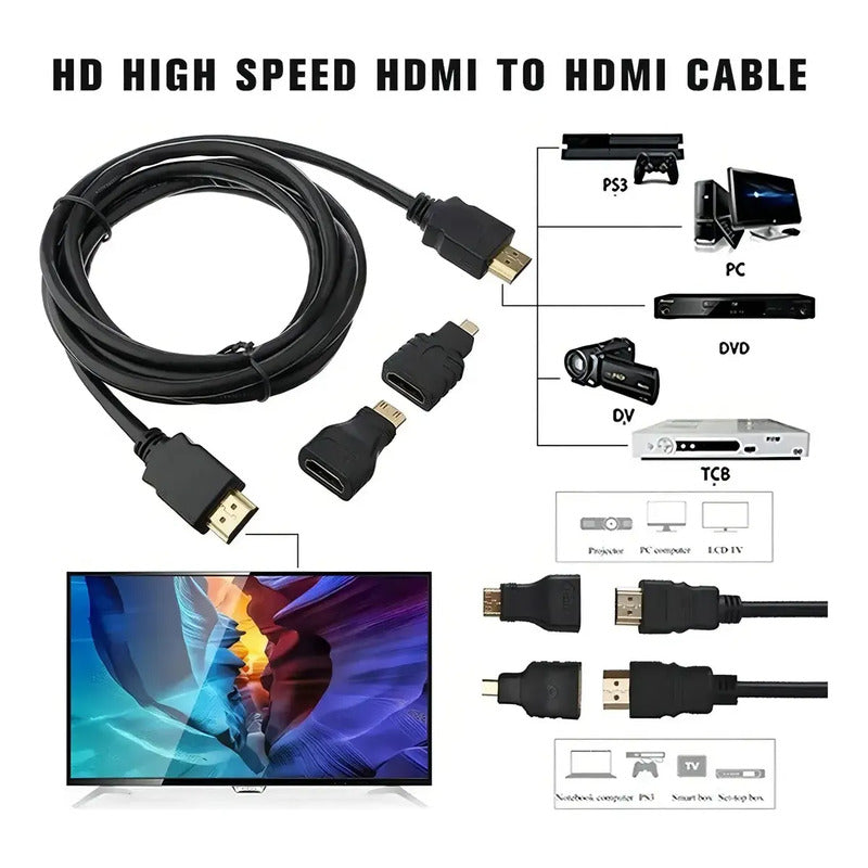 Cable Hdtv 3 En 1, Hdmi Con Adaptadores Mini Hd Y Micro Hd