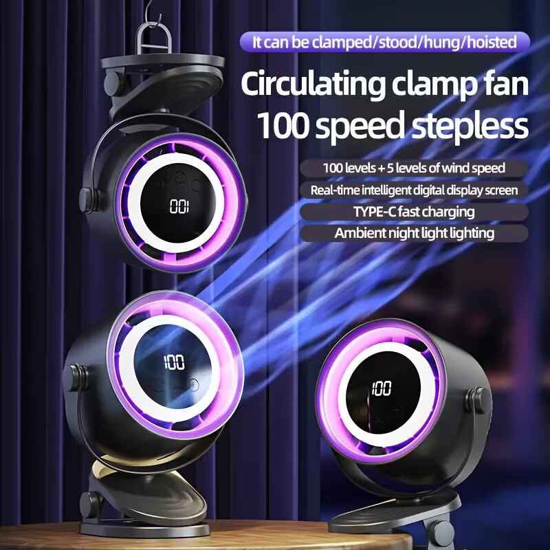 Ventilador Recargable Digital Liviano Mesa Escritorio Gancho 12 Cm 50hz-60hz Negro Plástico 7