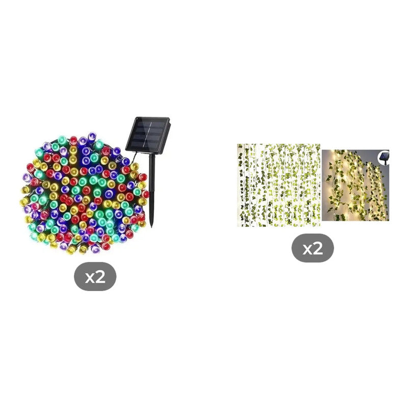 Kit Jardín Solar: 2 Guirnaldas 100 Led Multicolor 10 M + 2 Guirnaldas Hojas Cálidas 3x3 M