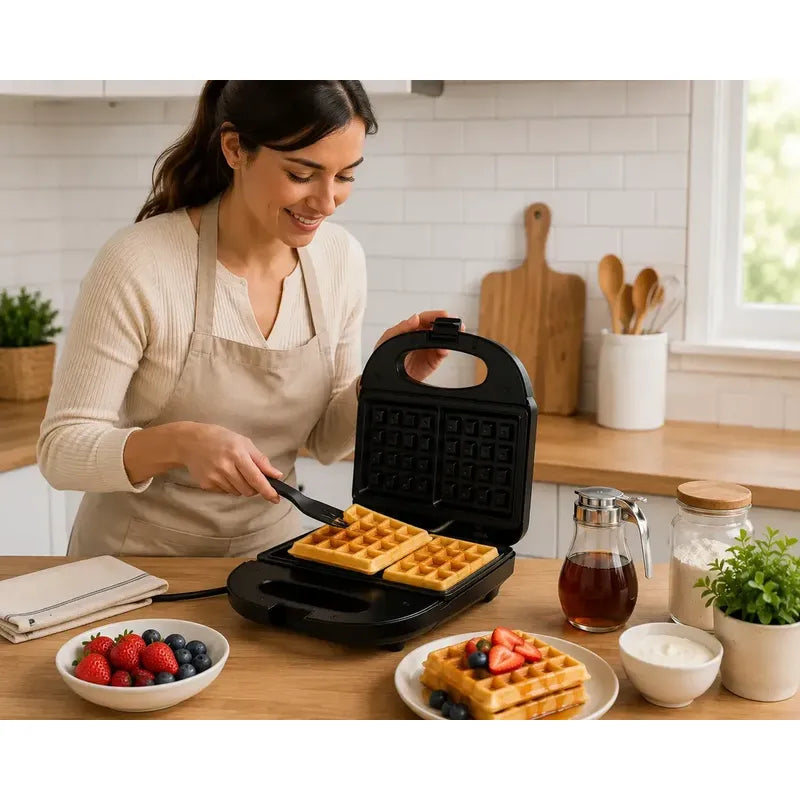 Waflera Eléctrica Doble Cuadrada Antiadherente 2 Waffles Rápida Compacta Hogar Cocina Desayuno Negro