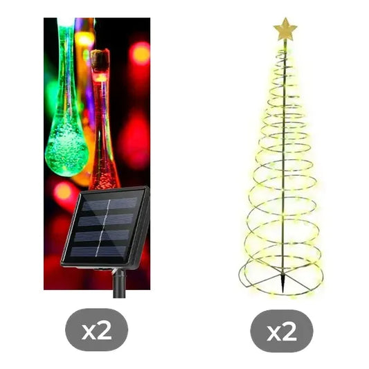 Kit Navidad Solar: 2 Guirnaldas Led Multicolor + 2 Estacas Árbol Led Amarillas 85cm