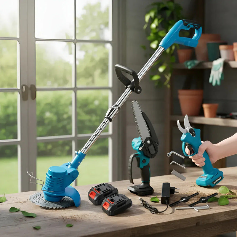 Kit 3 En 1 Cortadora De Pasto + Tijera + Sierra Para Jardin Azul Acero