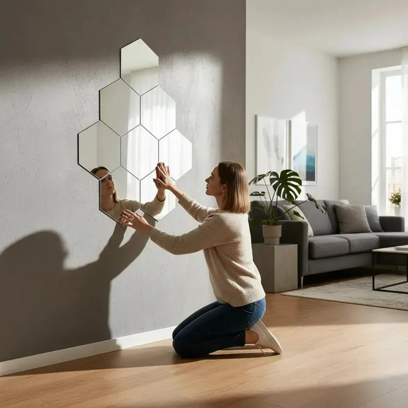 Set X6 Pegatinas Espejos Acrilicos Pared Adhesivo Hexagonal Espejo