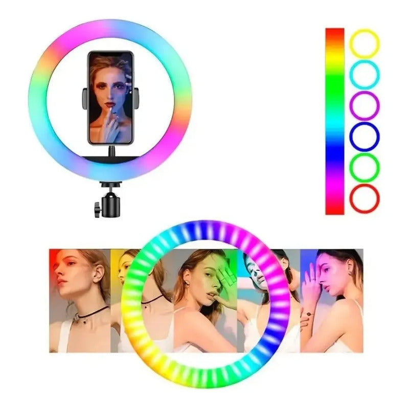 Aro De Luz Profesional Led 44cm + Trípode + 3 Soporte Telef Negro Rgb