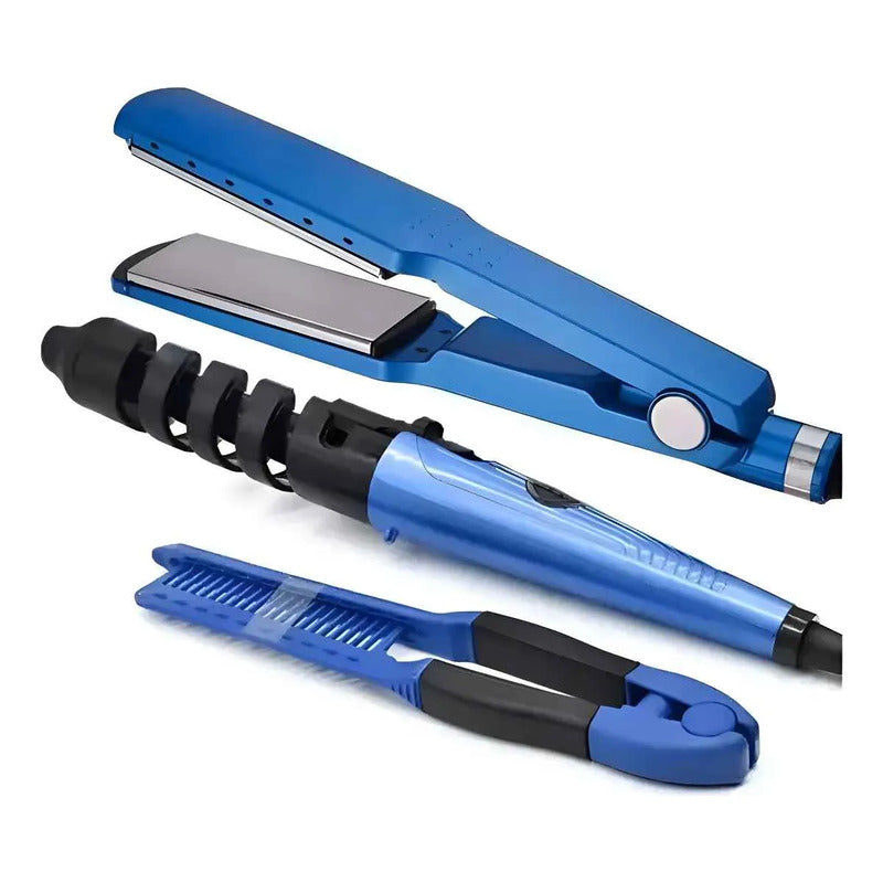 Plancha Rizadora 3 En 1 Alisadora + Onduladora + Peine 450°f Azul