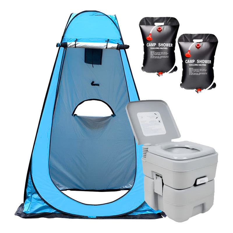 Carpa Caseta Baño Vestidor + Baño Químico + 2 Duchas 40l C/u Verde