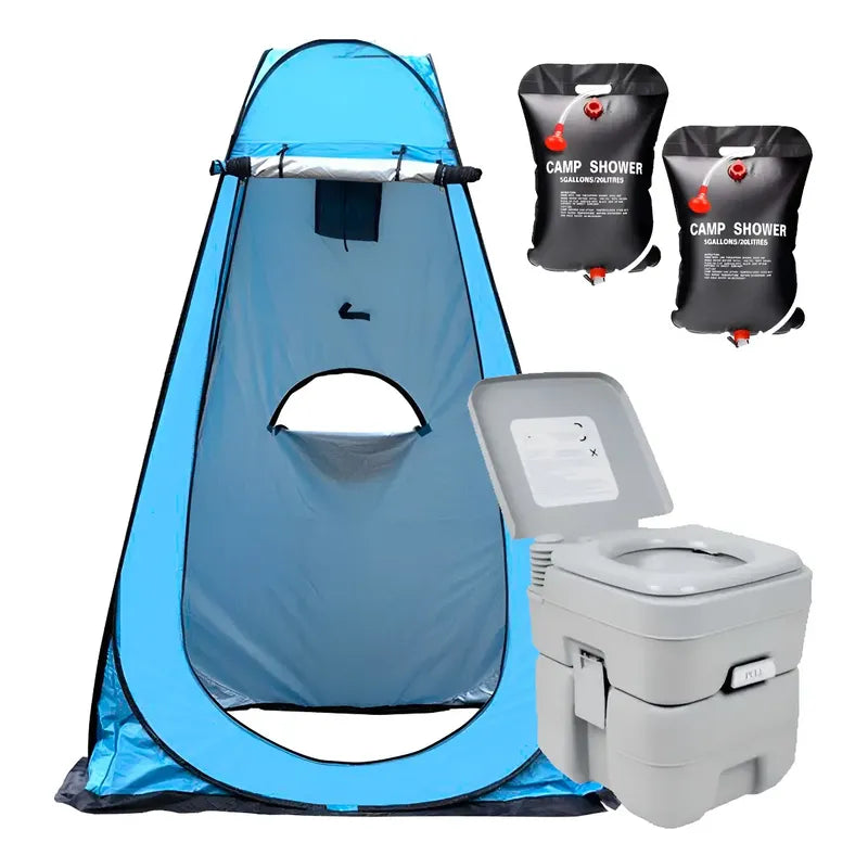 Kit Camping: Luz Emergencia Solar Usb 3 Ampolletas Blanco Frío + Carpa Baño Vestidor + 2 Duchas 40l