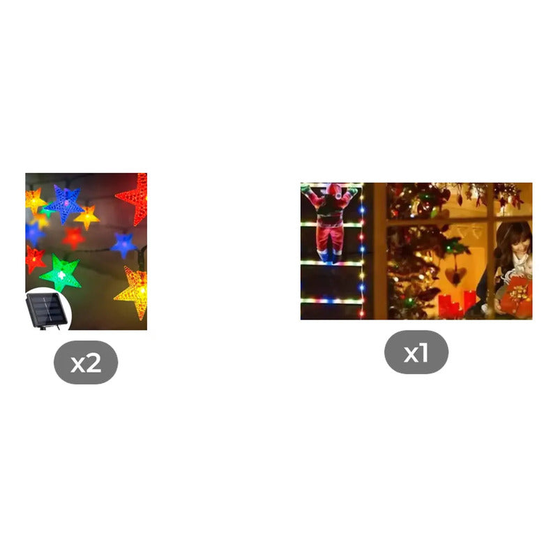 Kit Navidad Solar: 2 Guirnaldas Estrellas Led Multicolor + Escalera Viejito Pascuero Led Multicolor 1,60 M