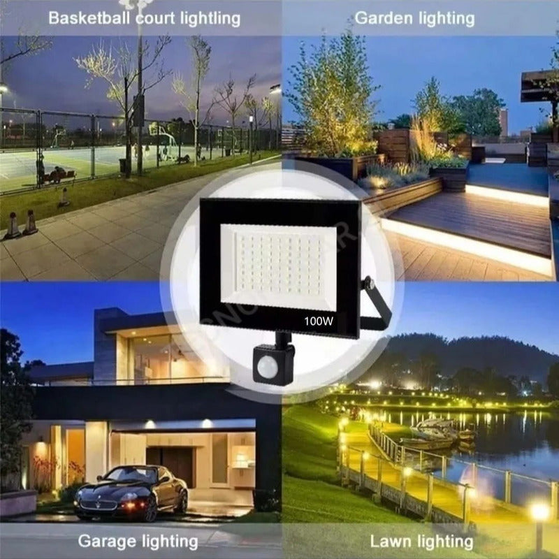 Foco Led Con Sensor De Movimiento 100w Resistente Al Agua Negro Blanco Frío