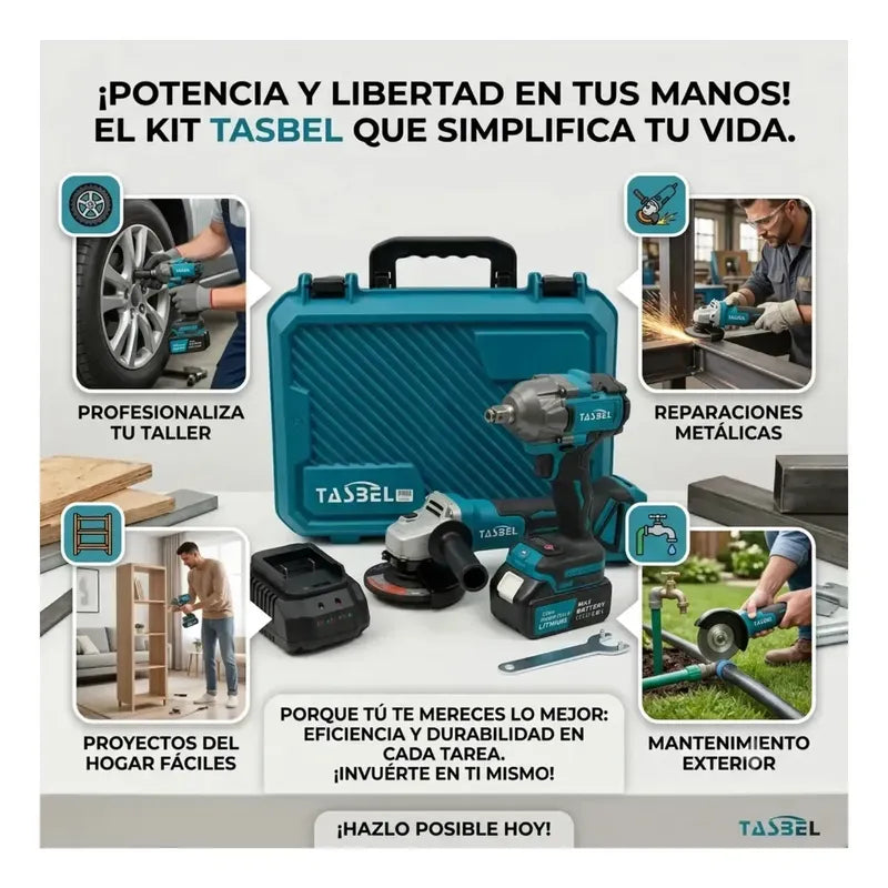 Kit De Llave De Impacto Inalámbrica Y Esmeril Angular Tasbel Con 2 Baterías Y Maletín Turquesa 220v 50