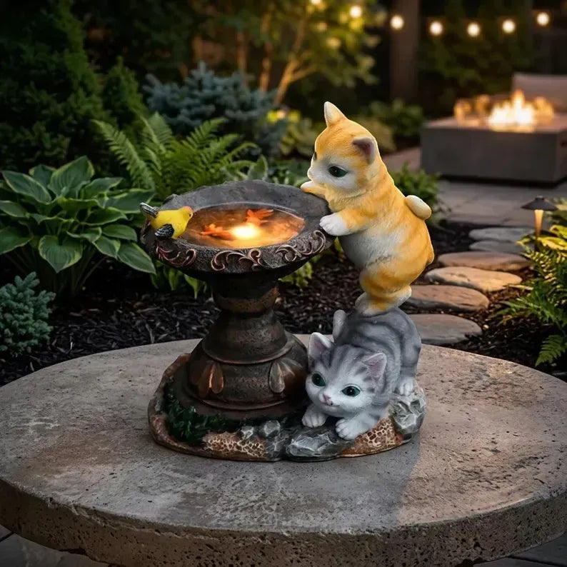 Estatua Decoracion De Gato Y Fuente Con Luz Solar