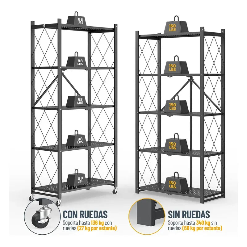Estanteria Plegable Metalica 5 Estantes Con Ruedas Rack ® Negro