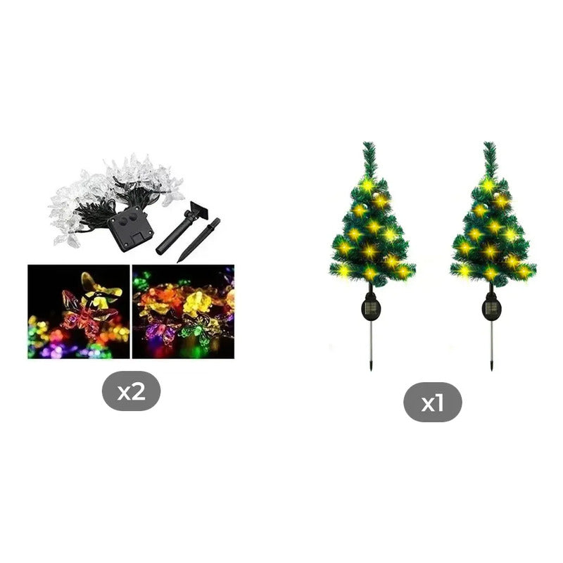 Kit Navidad Solar: 2 Guirnaldas Mariposa Led Multicolor 5m + Estaca Árbol Luz Cálida