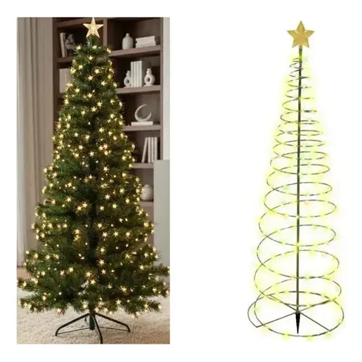 Kit Navidad: Árbol Verde Luces Cálidas Estrella 170cm + Estaca Solar Led Amarilla Estrella 85cm