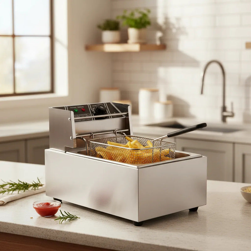 Freidora Eléctrica Con Tapa Regulador Y Adaptador Incluido Plateado 50/60hz
