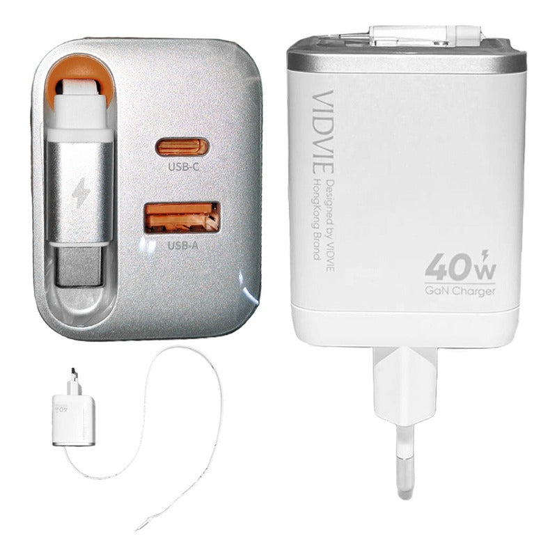 Cargador Carga Rapida Con Cable Retractil  + 2 Puertos Blanco