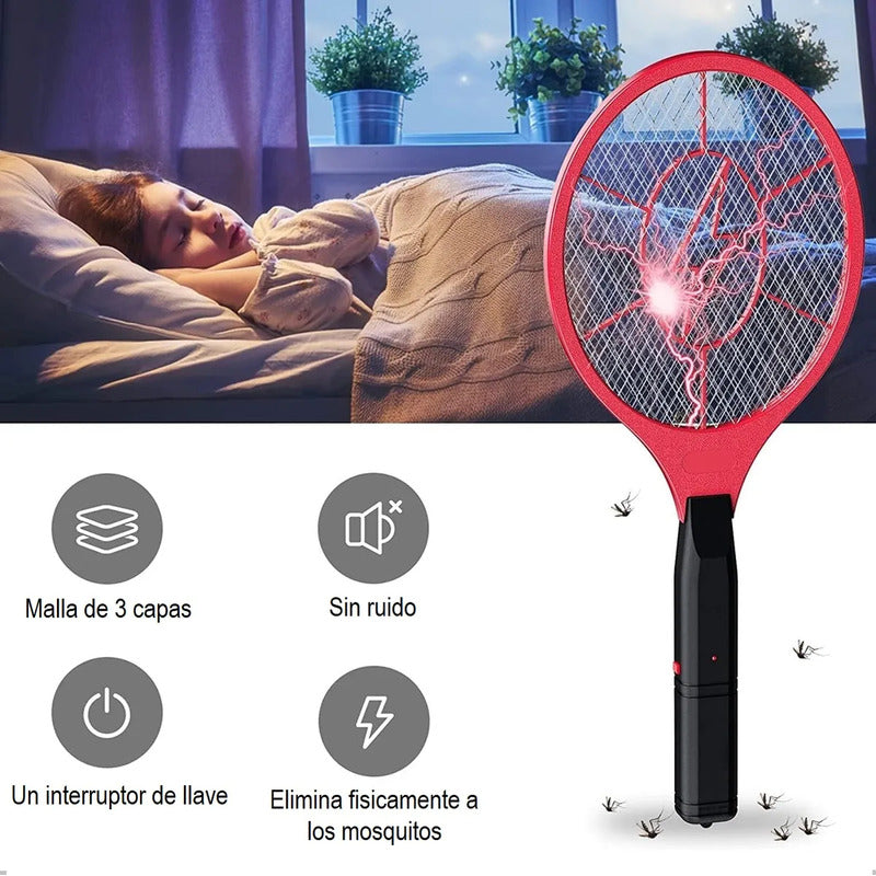 Raqueta Electrica Mata Mosca Recargable Insectos Mosquitos Rojo