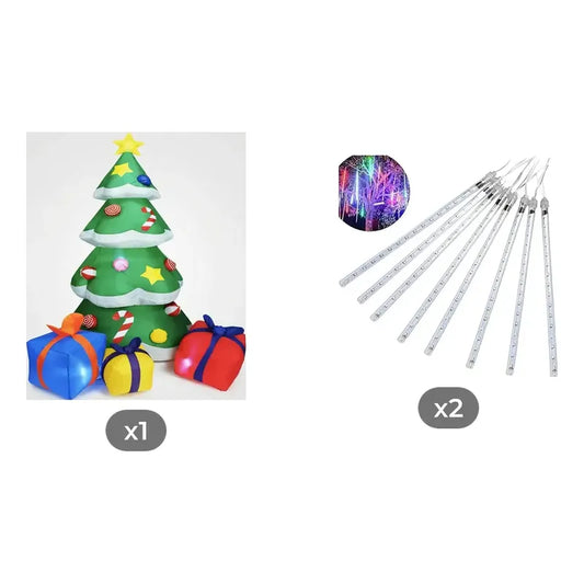 Kit Navidad: Árbol Inflable Verde 1,80 M + 2 Guirnaldas Led Solar Lluvia Meteoritos Blanco Cálido