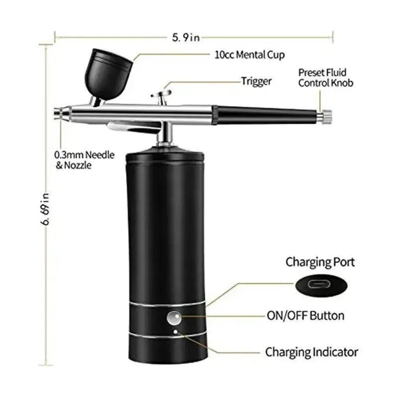 Aerógrafo Compresor Inalámbrico Recargable 30psi Profesional Negro