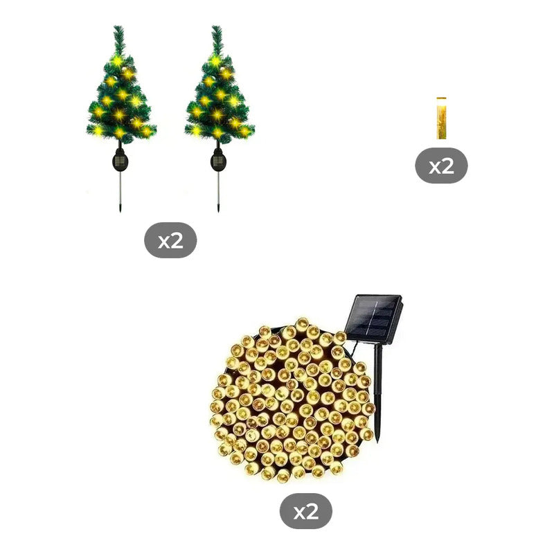 Kit Navidad Solar: 2 Estacas Árbol Luz Cálida + 2 Guirnaldas Gota Cálida + 2 Guirnaldas 100 Led 10m Fría