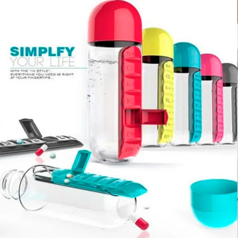 Botella Pastillero Embase 600ml Semanal Vitaminas Portatil Agua