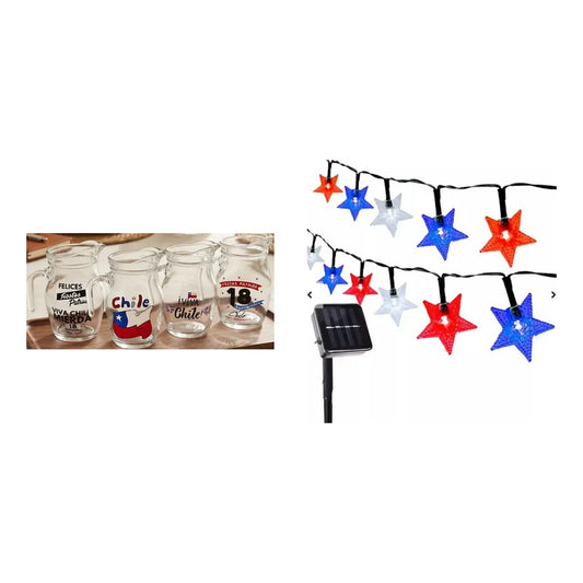 Kit Fiesta: Set 4 Vasos Lorito 500ml + Guirnalda Solar Led Decorativa Azul 10mts