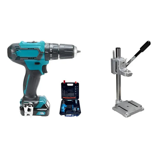 Kit Herramientas: Taladro Inalámbrico Portátil Azul 50 Hz + Prensa Soporte Pedestal Para Taladro