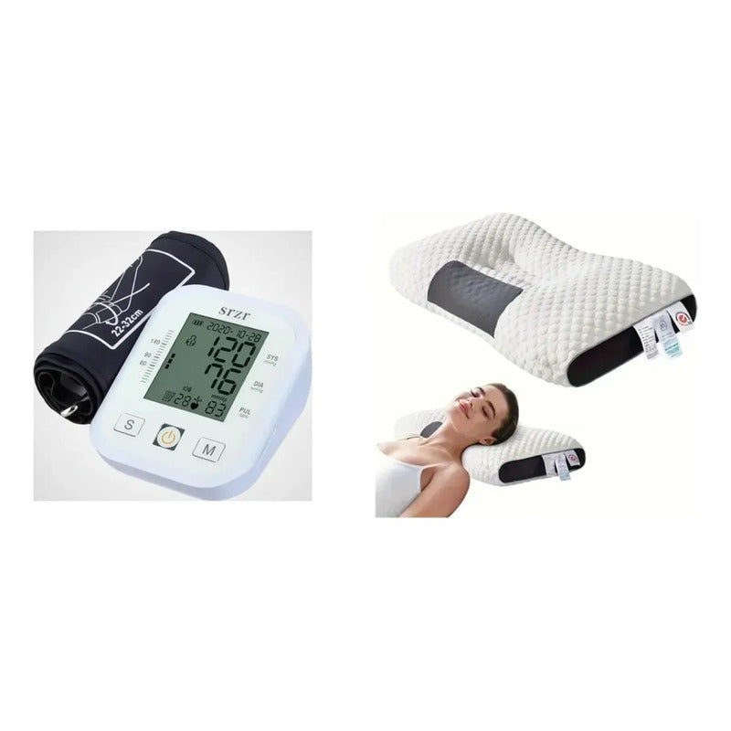 Kit Salud: Toma Presión Digital Tensiómetro Brazo Blanco + Almohada Ortopédica Cervical Blanco