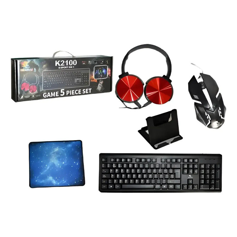 Kit 5 Pzs Gamer Teclado Mouse Headset Soporte Telf Mousepad Negro
