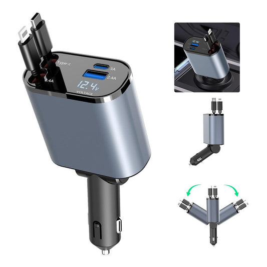 Cargador Retráctil Para Coche Cargador Usb C 4 En 1 De 60 W Plateado