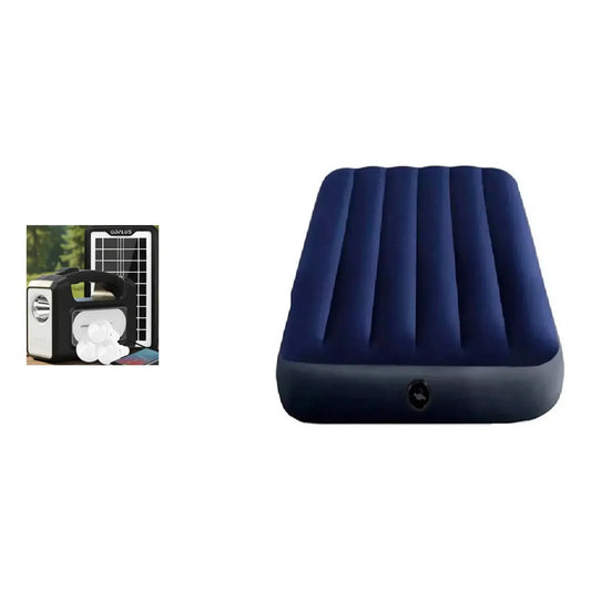 Kit Camping: Luz Emergencia Solar 3 Ampolletas Blanco Frío + Colchón Inflable 2 Plazas Azul