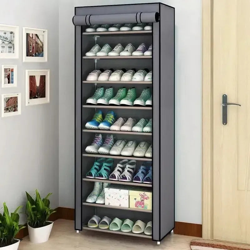 Zapatera Armable Tela Aluminio Y Plástico 9 Niveles + Forro Gris