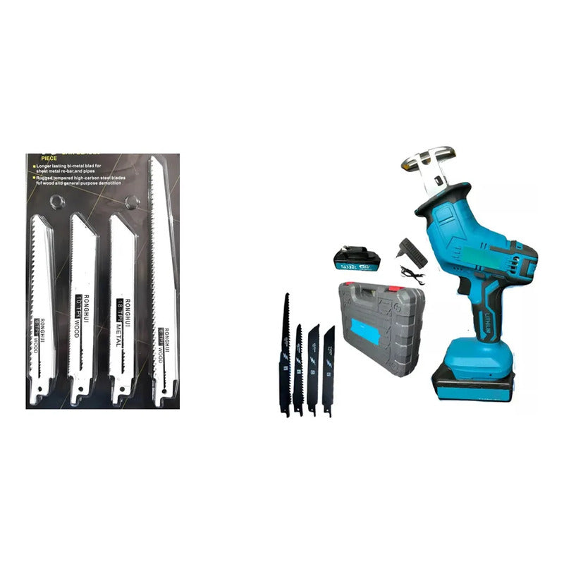 Kit Corte: Caladora Inalámbrica 2 En 1 Madera Y Acero + Set 10 Hojas Sierra Sable 6-8