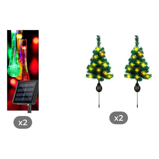 Kit Navidad Solar: 2 Guirnaldas Led Gota Multicolor + 2 Estacas Árbol Luz Cálida