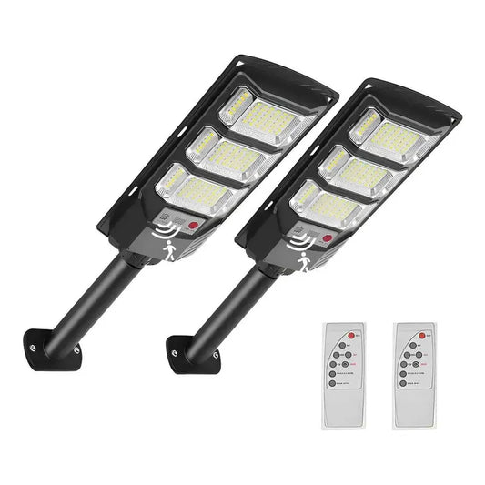 Pack X2 Foco 300w Solar Sensor Movimiento Soporte Y Control Gris Oscuro Blanco Frío