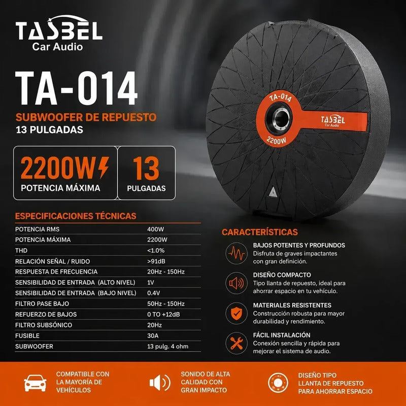 Subwoofer Activo 2200w 13 PuLG Maletero Llanta De Repuesto Negro
