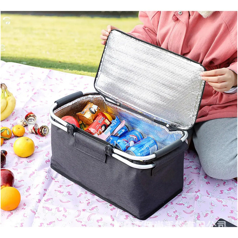 Kit Outdoor: Kit Camping Solar Luz Blanco Frío + Canasto Picnic Cesta Térmica Impermeable Gris