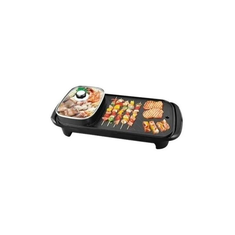 Parrillera Eléctrica Plancha Churrasquera Con Sarten 2 En 1 Negro